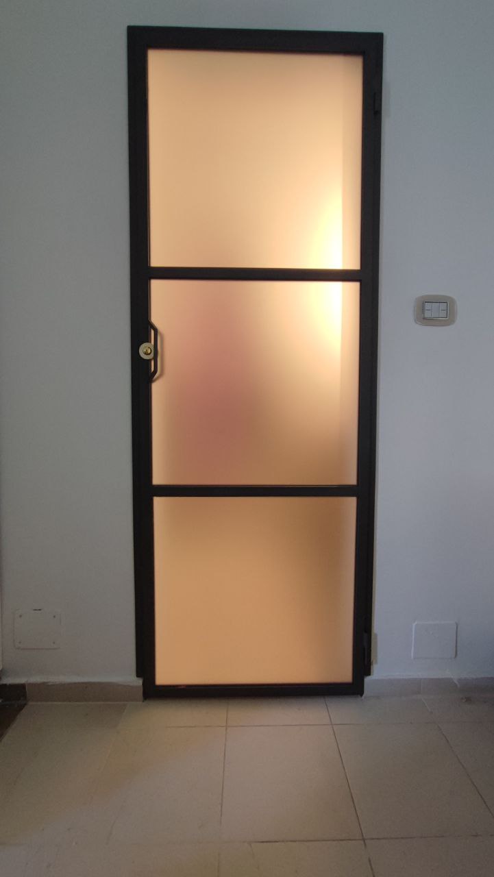 Modern door with frosted glass panels and black frame