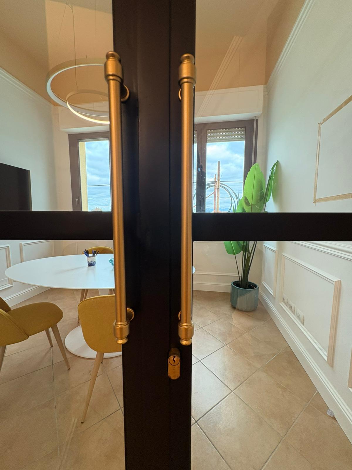 Glass door with double decorative golden handles